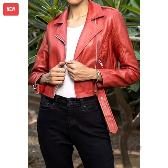 Genuine Leather Cropped Moto Jacket with Belt, Asymmetric Zip, Epaulets